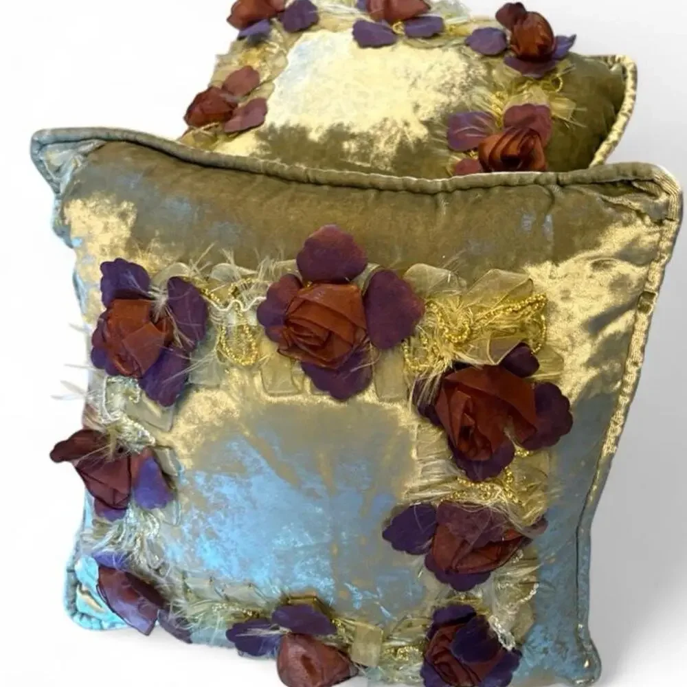 Vintage Decorative Velvet Throw Pillows Pair Floral Ribbon Rose Appliqué (2)